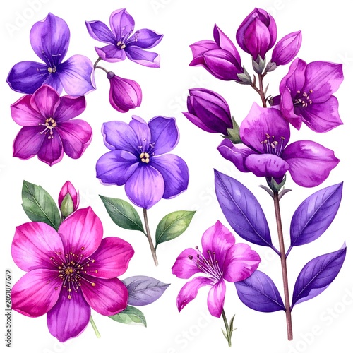 Vibrant Purple and Pink Flowers Botanical Illustration