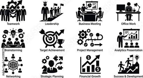 Business professionals engaged in a meeting with leadership and brainstorming for strategic planning and financial growth.