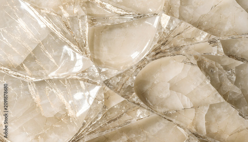 Champagne Ice Marble,Creamy ivory background with fractured translucent crystal plates.
Delicate champagne mineral highlights.
Highly reflective polished surface.