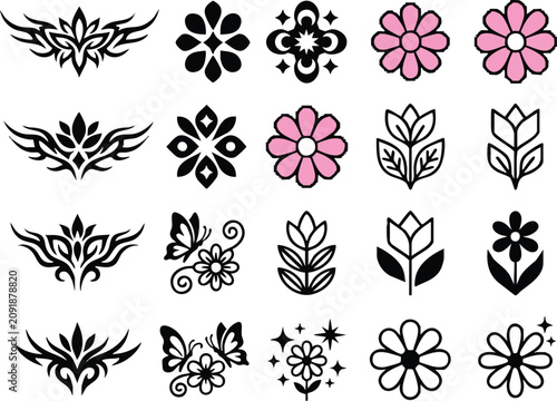 Black and White Floral Design Elements Vector Set with Seamless Vintage Flower Pattern Ornate Leaves Damask Decorative Botanical Illustration for Wallpaper Fabric and Textile Design