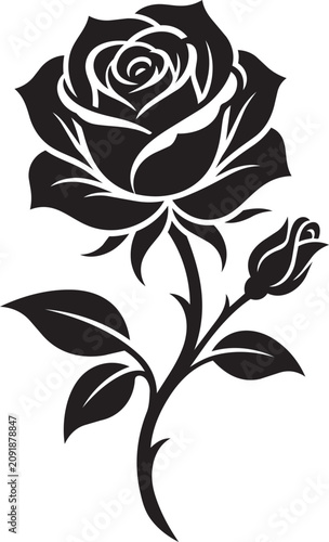 Elegant black and white rose illustration with bud and leaves