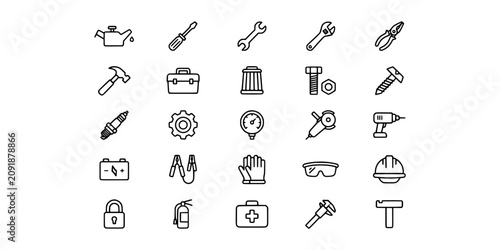 Tableau sur toile Icon set collection of construction tools, mechanic workshop equipment, home repair hardware, and professional maintenance utility outline vector icons
