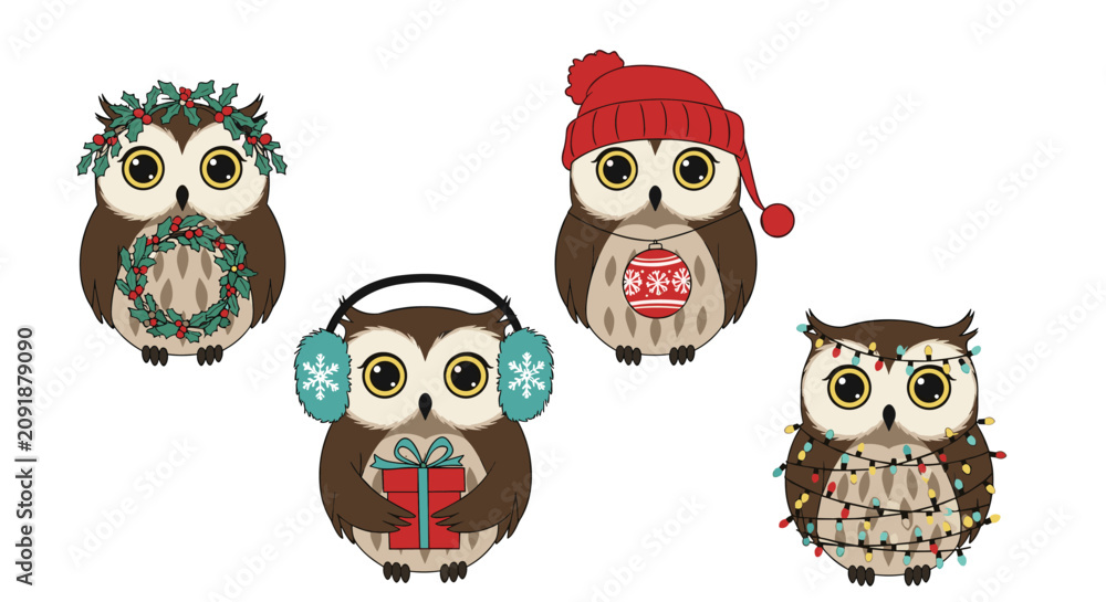Fototapeta premium Four cute cartoon owls dressed in Christmas and winter outfits like wreaths, hats, headphones, and gifts for holidays.