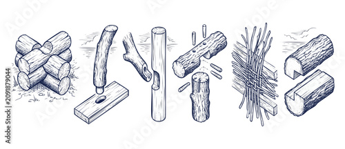 Photos Woodworking joinery diagram log construction methods sketch showing traditional bushcraft carpentry techniques, mortise tenon joints, log cabin corner notches, and rustic wattle fence weaving details