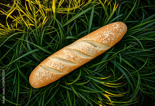 fresh baguette on green gra...
