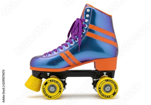 Retro Iridescent Blue Roller Skate with Orange Stripes and Yellow Wheels Isolated on White Background