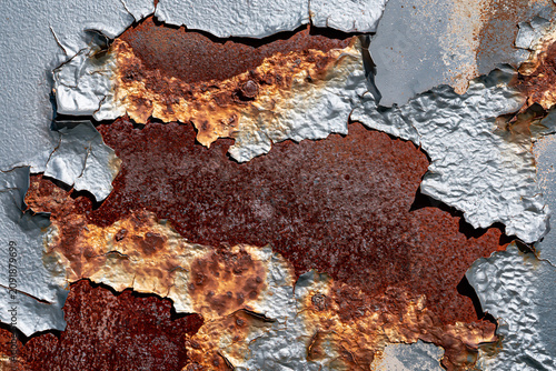Rusty iron texture showing through thick layers of peeling silver paint