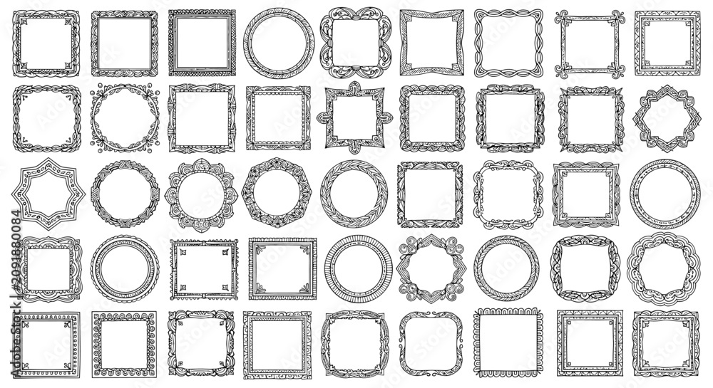 Fototapeta premium Large set of diverse decorative frames and border designs in various shapes such as circles, squares, and hexagons.