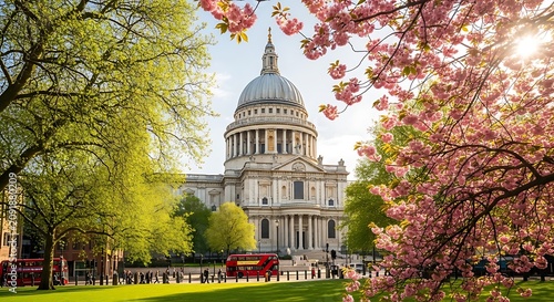 Historic St Paul Cathedral Framed by Pink Blossom Trees in Sunny London Park