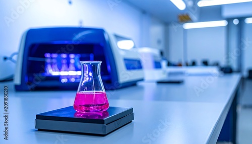 Bright Pink Liquid Flask Resting on Lab Bench in Modern Scientific Laboratory