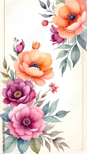 Vibrant Floral Artwork with Large Peony and Rose Blossoms in Vertical Composition