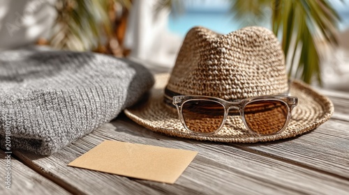 Hat sunglasses and a card on a wooden table gift card concept mockup copy space