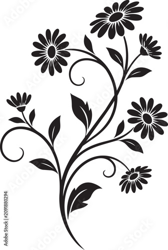 Black and white floral vine with daisy flowers decorative design