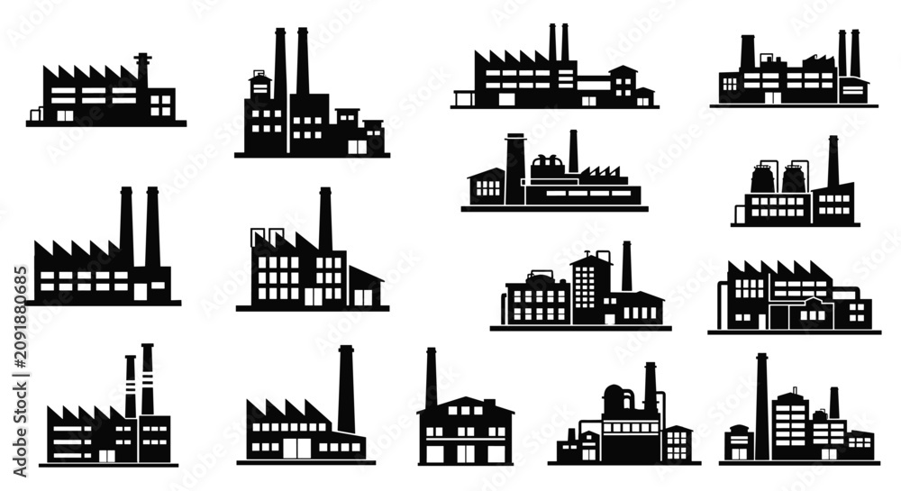 Obraz premium Industrial factory and warehouse silhouettes collection with various chimney smoke stacks and building structures for manufacturing.