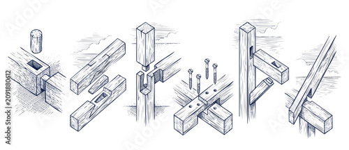 Quadro em tela Woodworking joints carpentry diagram sketch showing traditional timber joinery methods and connections for construction crafts and projects in vintage hand drawn line art style on a white background