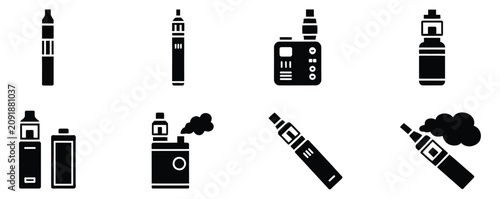 Foto Vape Icon Featuring Electronic Cigarette, Atomizer, Smoke Symbols, Outline and Solid Editable Vector Illustration