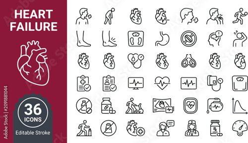 Bild auf Leinwand Heart failure and cardiovascular disease line icon set