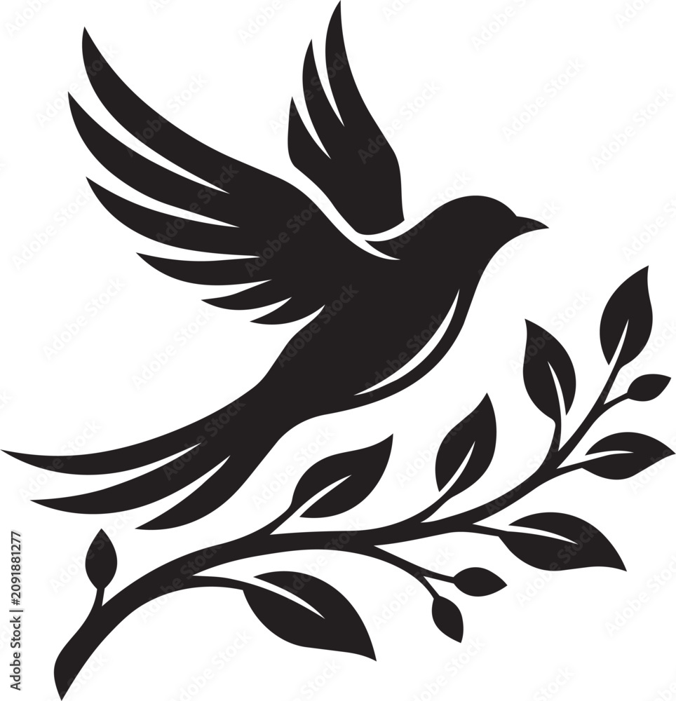 Fototapeta premium Flying bird silhouette with olive branch, peace dove vector icon isolated on white background