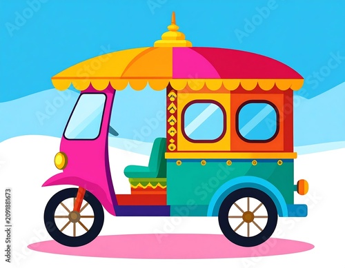 Colorful Traditional Auto Rickshaw Illustration Isolated on Blue Abstract Background