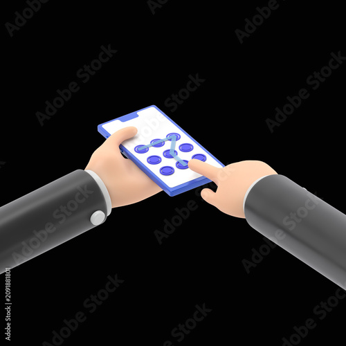 Unlock screen.Smartphone screen.Graphic pattern as a symbol of protection.Safety of phone,mobile protection.3D rendering on black Screen for footage and clipping path.