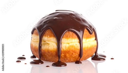 Sweet Golden Pastry Covered with Dripping Chocolate Glaze on White Background