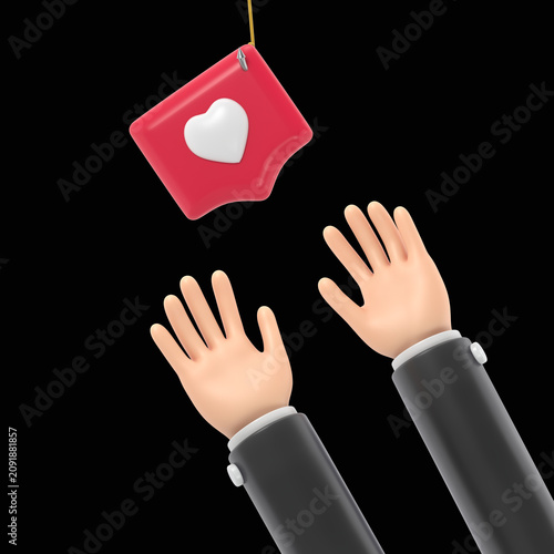 Hands reaching for a pin with a heart on a hook.Social metaphor, revealing the concept of manipulation of opinion and greed.3D rendering on black Screen for footage and clipping path.