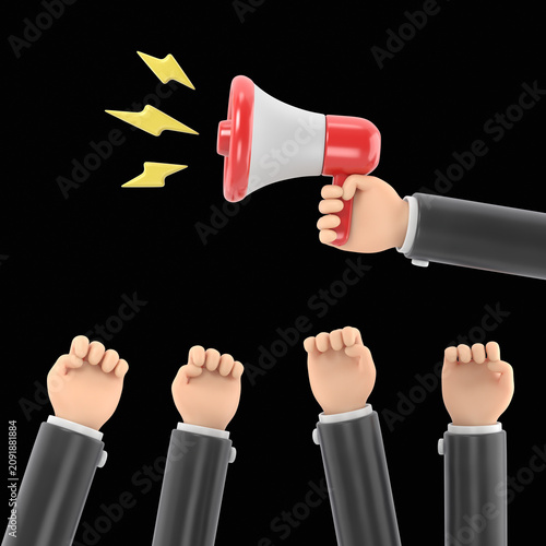 Cartoon hands of demonstrants and hand with Megaphone,protest concept,revolution,conflict,3d illustration in flat design .3D rendering on black Screen for footage and clipping path.