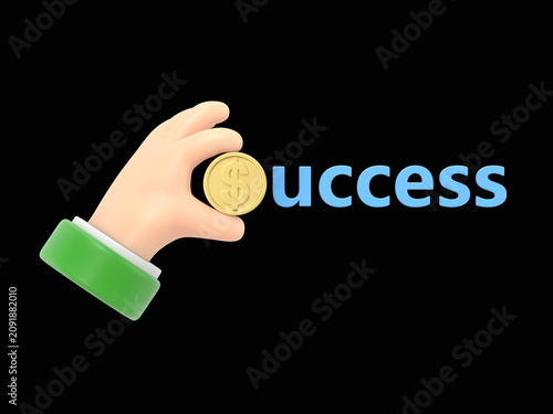 Cartoon Gesture Icon Mockup.hand carry coin as S alphabet and white chalk write 'uccess' that is 