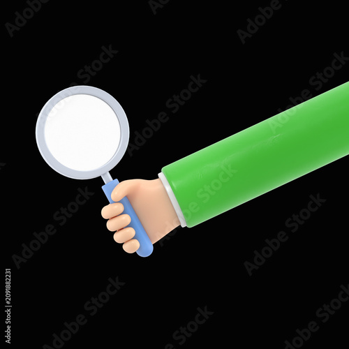 Cartoon Gesture Icon Mockup.Businessman hand holding a magnifying glass.Inspection,exploration,zoom,analysis concepts,3D rendering on black Screen for footage and clipping path.
