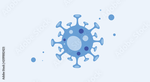 Detailed medical illustration of a virus or bacteria cell structure with microscopic particles on a light blue background.