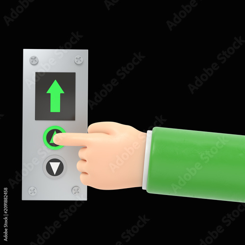 Businessman presses the lift button.3d illustration flat design.Call elevator.Up arrow.Rise to the top floor.Finger on the button.3D rendering on black Screen for footage and clipping path.