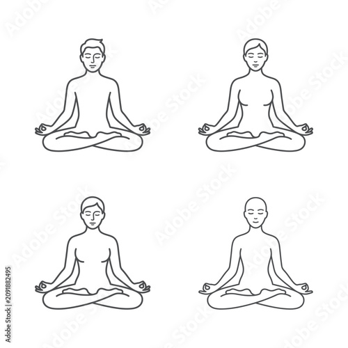 Yoga Poses: Men and Women Meditating in Lotus Position, Simple Line Art Icon Set