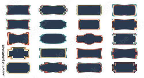 Collection of vintage style decorative labels and frames with dark backgrounds and colorful borders for graphic design.