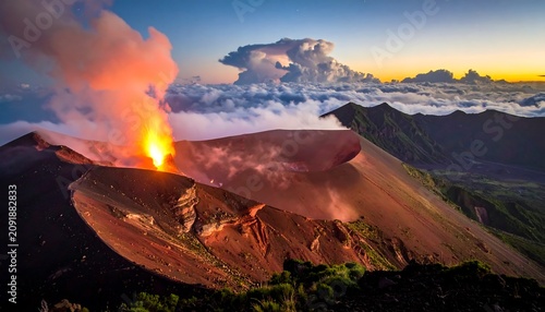 Glowing Active Volcano Erupting Above Cloud Layer at Mountain Sunrise