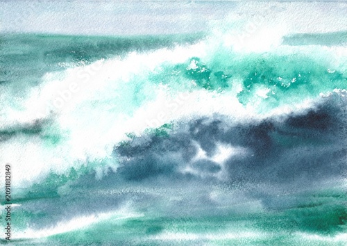 Abstract Watercolor Ocean Waves Painting With Turquoise Sea Foam And Stormy Blue Coastal Texture Background