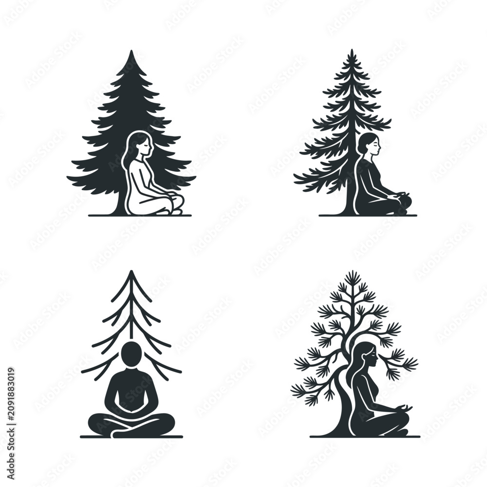 Obraz premium Meditating Person Silhouette Yoga Tree Nature Zen Mindfulness Calm Vector Art