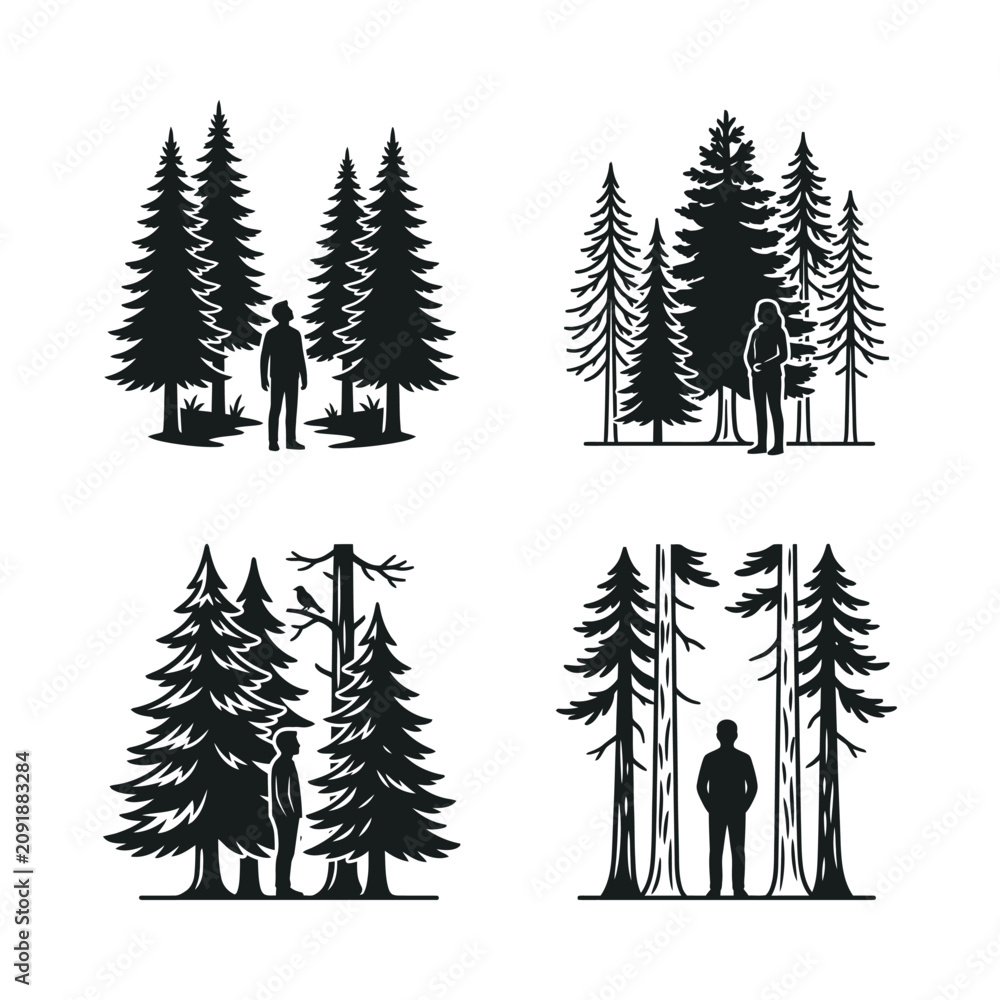 Fototapeta premium Silhouettes of people in dense pine forests, nature exploration, vector illustration