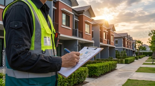 Construction worker in safety vest inspecting suburban townhouses with clipboard at sunset