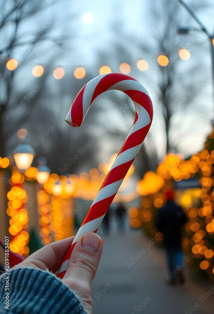 Fototapeta premium Hand holding a candy cane with Christmas lights in background