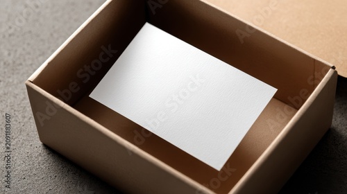 Minimalist white card mockup in cardboard box, blank greeting card for branding, brown paper package with empty note