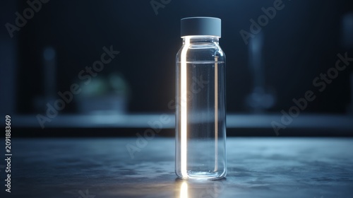 Minimalist glass water bottle with glowing light effect. Clear plastic bottle on dark surface. Modern hydration concept for wellness.