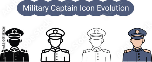 Military captain icon evolution set showcasing various uniform styles for rank and authority on transparent background