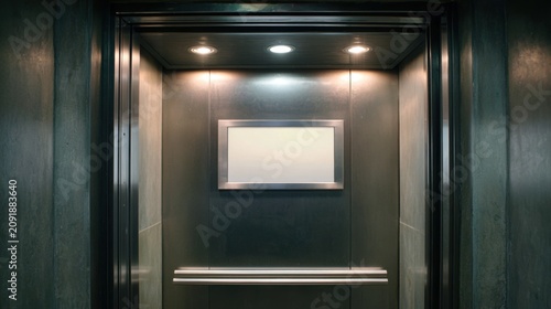 Modern elevator interior with blank horizontal screen. Brushed metal lift cabin with empty digital signage display. Dark metallic elevator mockup.