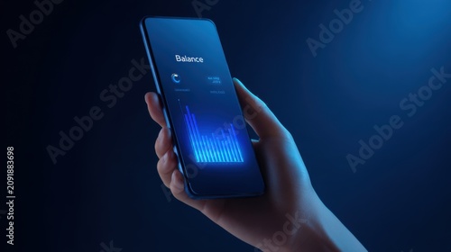 Financial mobile app with glowing balance chart. Hand holding smartphone displaying digital banking dashboard. Fintech trading interface.
