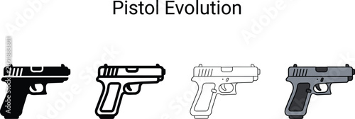 Pistol evolution design icons showcasing firearm development from simple silhouette to detailed colored illustration graphic set