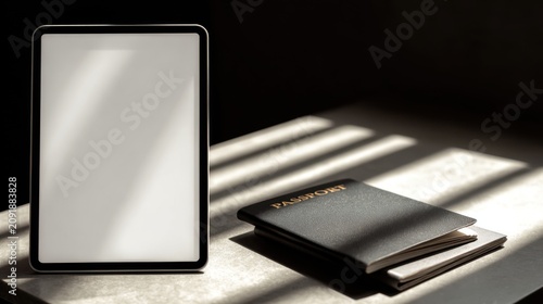 Minimalist tablet mockup with blank screen, travel passport on desk. Cinematic lighting for digital nomad and vacation planning concepts.
