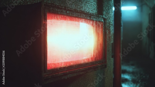 Cyberpunk glowing red screen in dark alleyway, futuristic neon light box on gritty urban wall, cinematic sci-fi atmosphere with moody lighting
