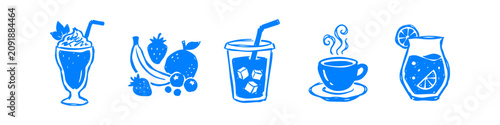 Bild auf Leinwand Blue hand-drawn icons of drinks and fruit including milkshake, iced beverage, hot coffee, and citrus cocktail