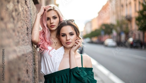 Stylish Young Women Posing Together on Urban Street at Sunset