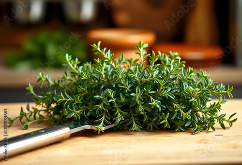 Fresh thyme herb on kitchen...